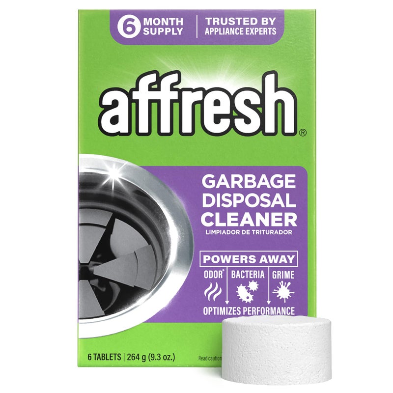 Affresh Garbage Disposal Cleaner, Helps Power Away Odor Causing Bacteria, Debris & Grime in Grind Chamber, Impeller & Drain Pipe, 6 Tablets, 6 Month Supply - Image 1